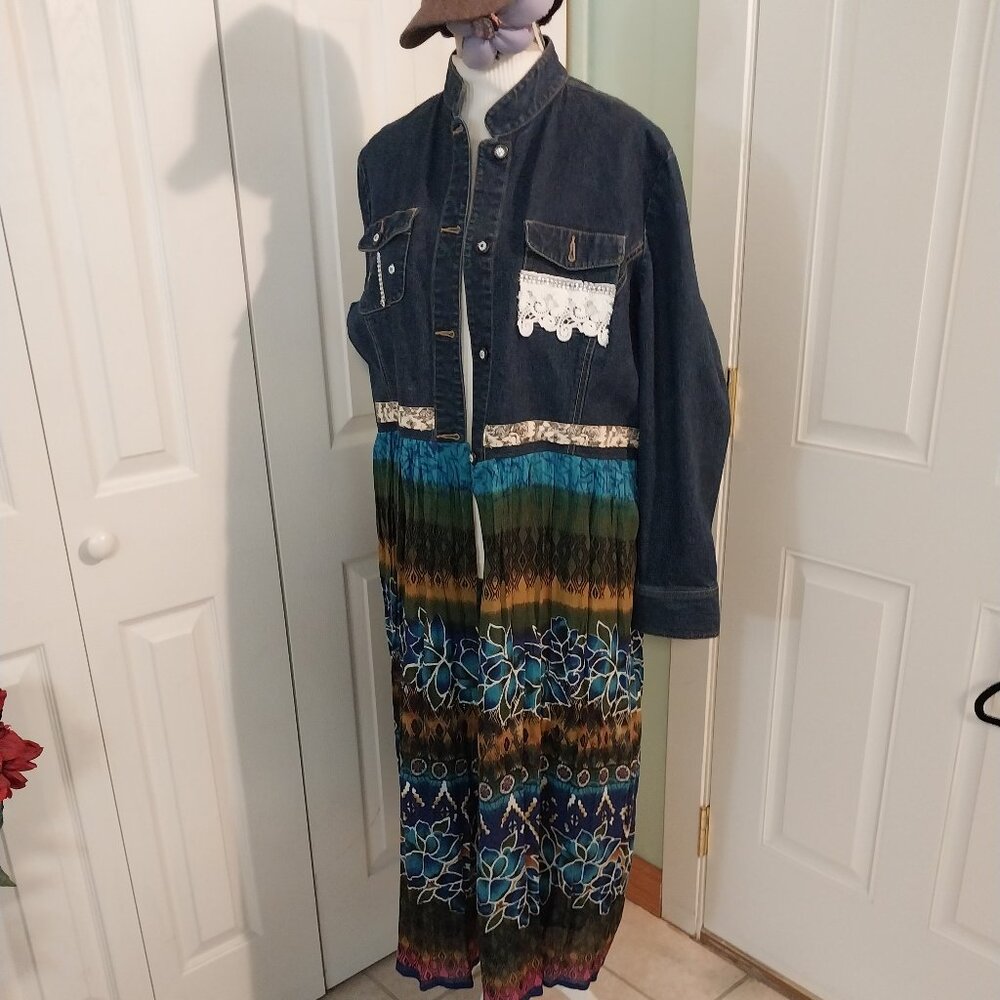 3548 Size XL Upcycled Lands End Jean Jacket Tunic with Crochet Embellishments. - Picture 3 of 9